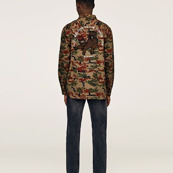 Zara Man Camo Denim Shirt Brown Embroidered Tiger Relaxed Fit Casual Mens Small - Picture 8 of 11